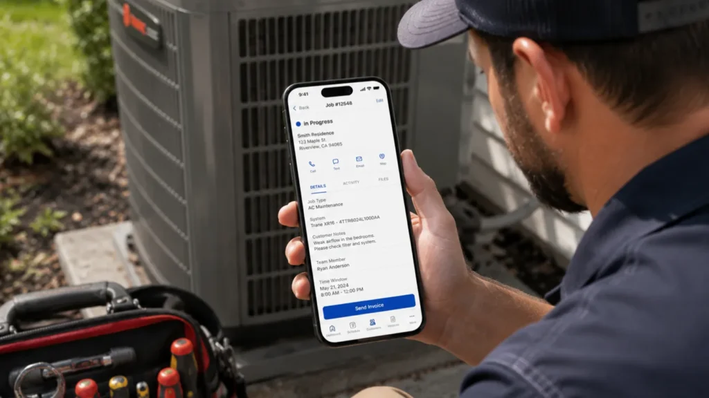 HVAC technician crouched beside a residential outdoor condenser unit, viewing job details and equipment history on a smartphone in the field service app.