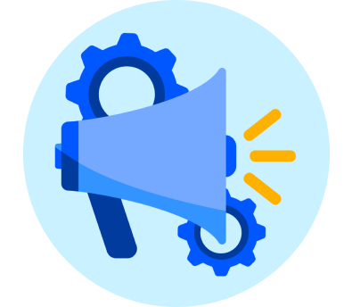 Megaphone with gears on a light blue circle, symbolizing announcements and settings