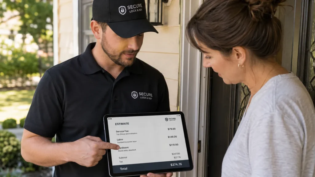 - Housecall Pro Security technician and homeowner review an itemized estimate on a tablet at the doorway outside a house, discussing the charge details.