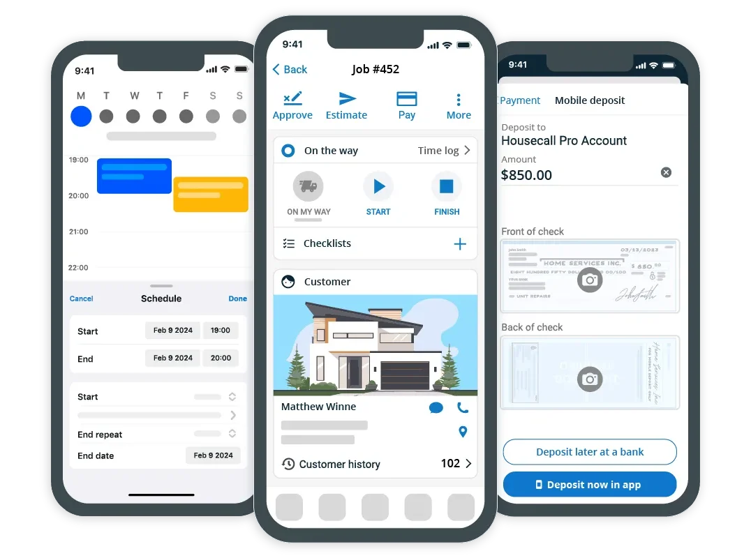 Three iPhone screens show a business app: a scheduling calendar on the left, a job/status dashboard in the center, and a mobile check deposit screen on the right.