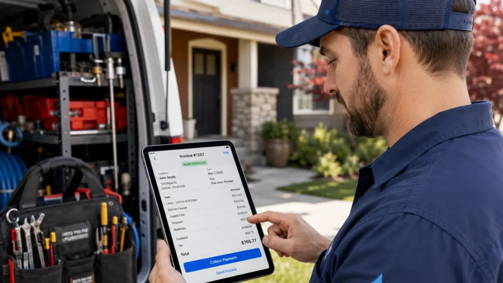 - Housecall Pro Plumber standing by a service van tapping through an itemized invoice on a tablet, with labor, materials, and a payment button visible on-screen.