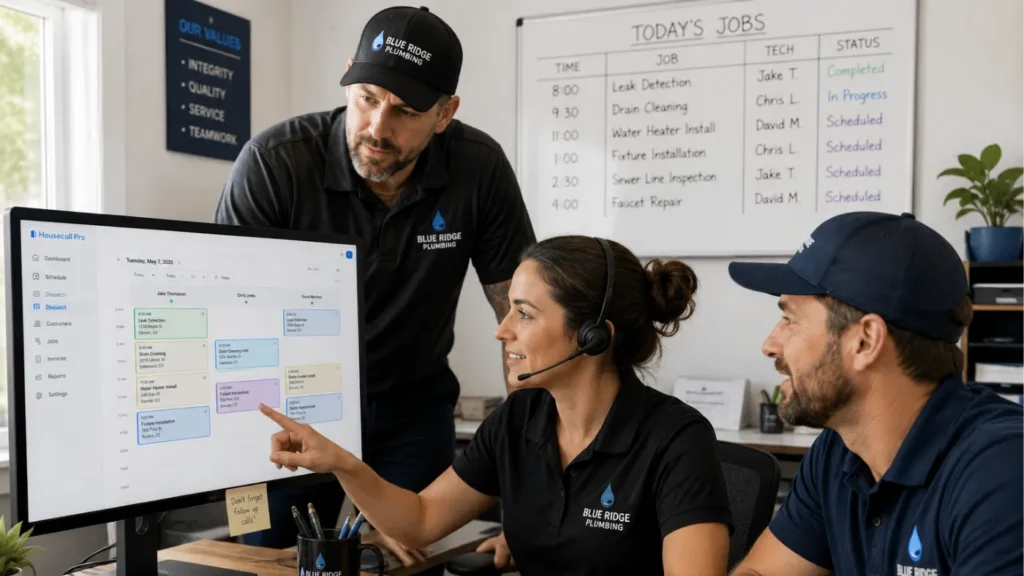 - Housecall Pro Small plumbing team of owner, dispatcher, and technician gathered around a monitor reviewing the day's schedule together in a small office.