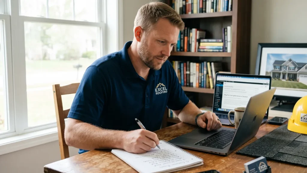 - Housecall Pro Roofing business owner at a desk planning blog content on a laptop while jotting ideas in a notebook, with a hard hat and shingle sample on the desk.