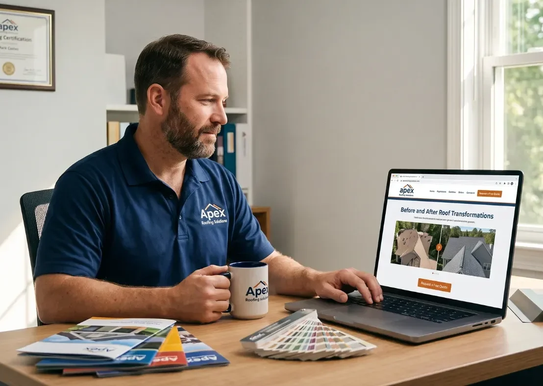 Man in a navy Apex Roofing polo works at a desk, looking at a laptop showing the 'Before and After Roof Transformations' page.
