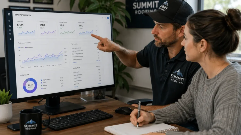 - Housecall Pro Roofing business owner and a marketing helper reviewing SEO rankings and website traffic charts together on a monitor, discussing results.