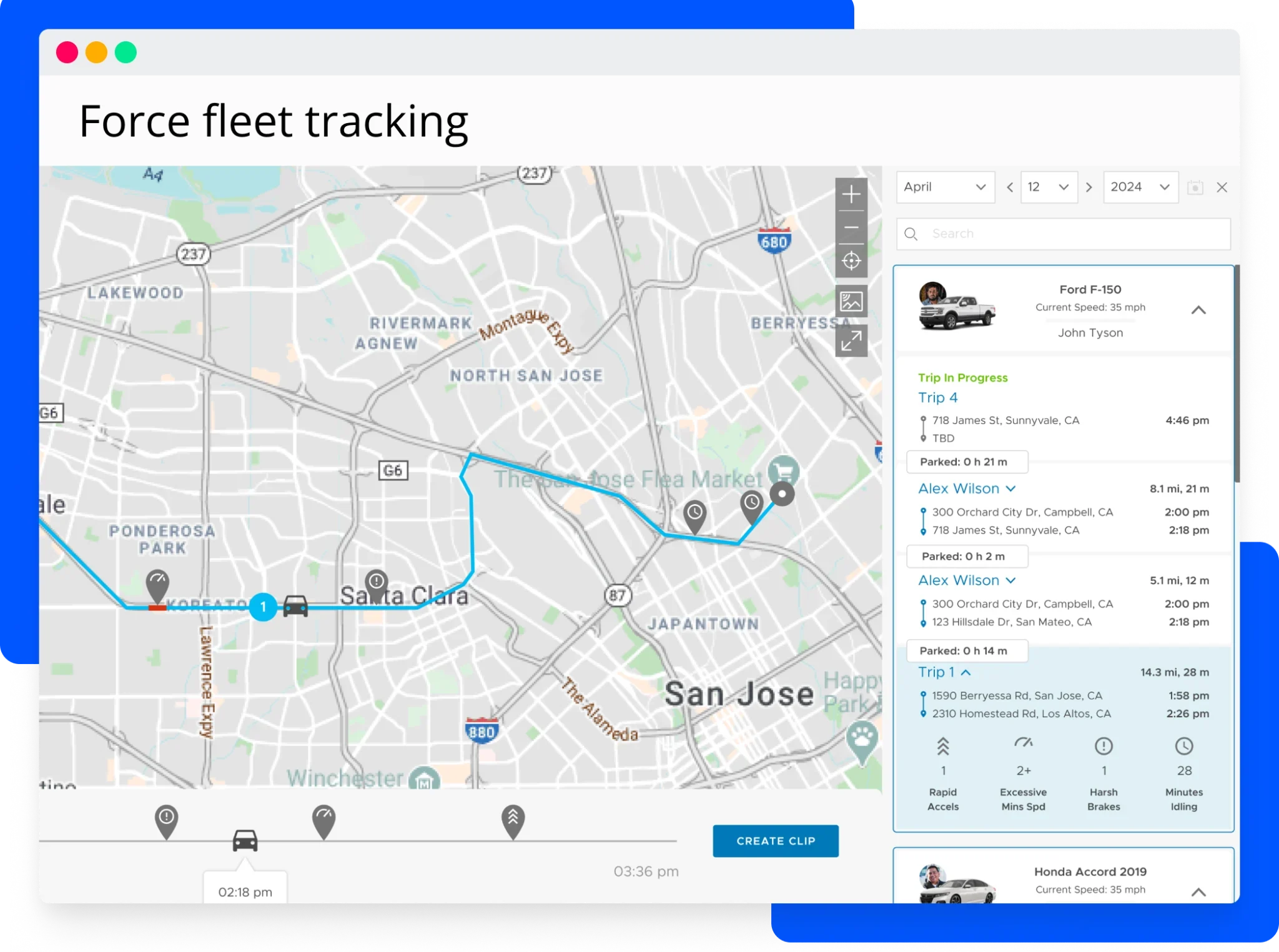 Fleet-tracking dashboard: map with a blue route line and a right-side panel showing vehicle details and trips