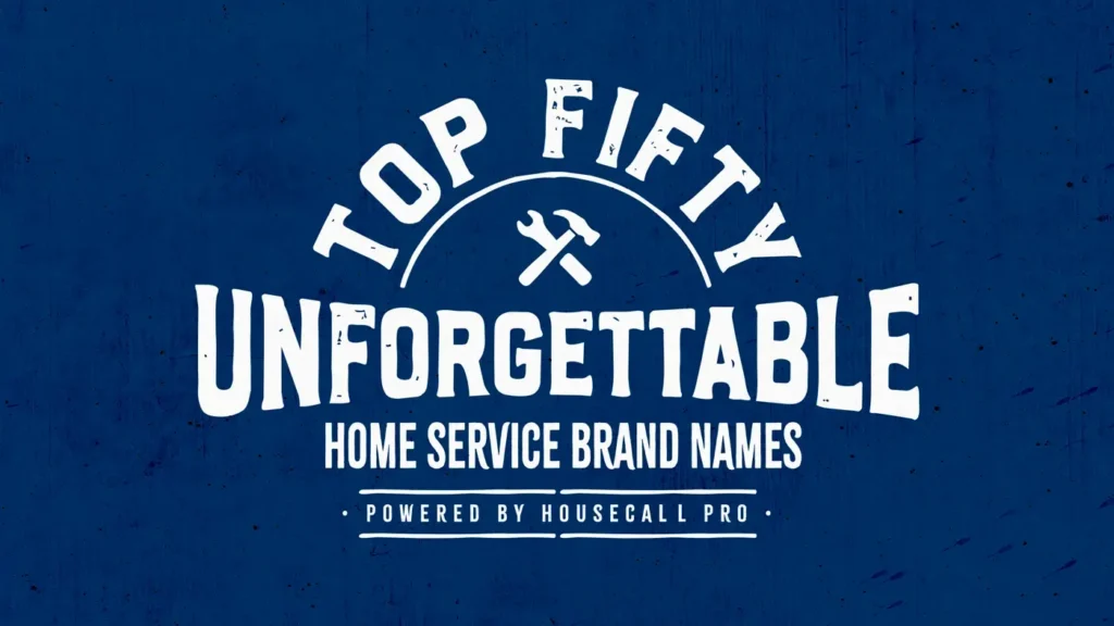 Top 50 Unforgettable Home Service Brand Names graphic with hammer and wrench icon, presented by Housecall Pro