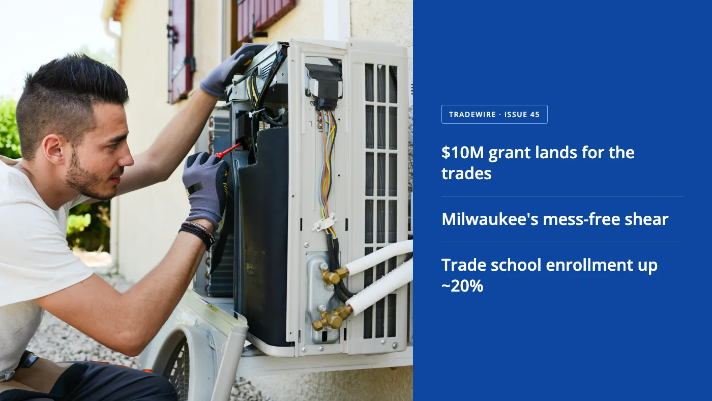 An HVAC technician working alongside news headlines from Issue 45 of Housecall Pro's home service newsletter, Tradewire.