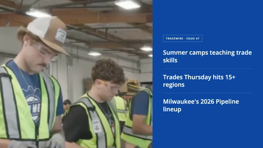 Young home service pros working alongside home service news headlines in Issue 47 of Housecall Pro's newsletter, Tradewire.