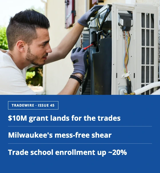 HVAC technician repairing an outdoor condenser unit; blue header overlays show Tradewire Issue 45 headlines
