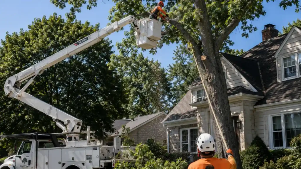 - Housecall Pro Tree service crew removing a large tree with a bucket truck extended into the canopy near a residential home, while a groundsman guides a rope.