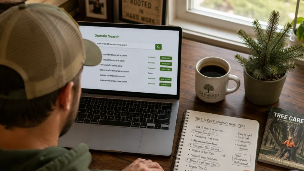 Tree service owner brainstorming company name ideas in a notebook beside a laptop showing a domain availability search, with a small potted evergreen on the desk.