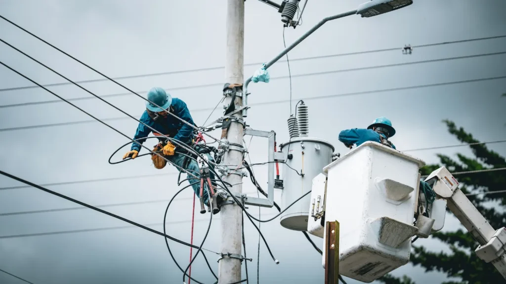 Two utility linemen in hard hats working on a transformer and overhead power lines from a wooden pole and aerial bucket lift.