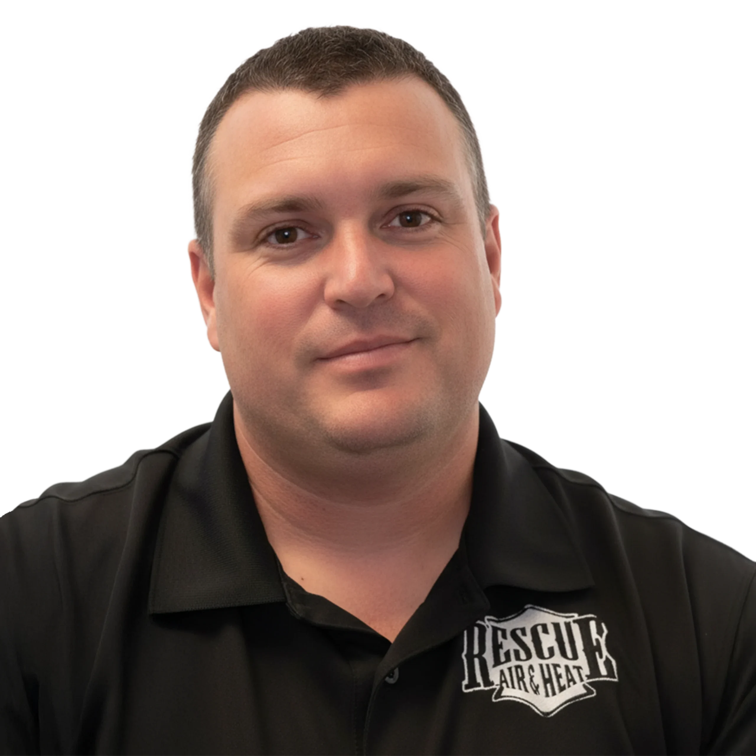 Partial portrait of a man in a black polo shirt with a large 'RESCUE' logo on the chest.