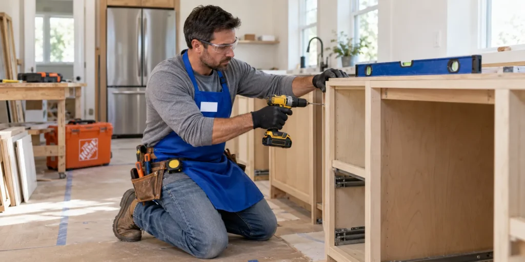 - Housecall Pro Home improvement contractor installing kitchen cabinets with a power drill.