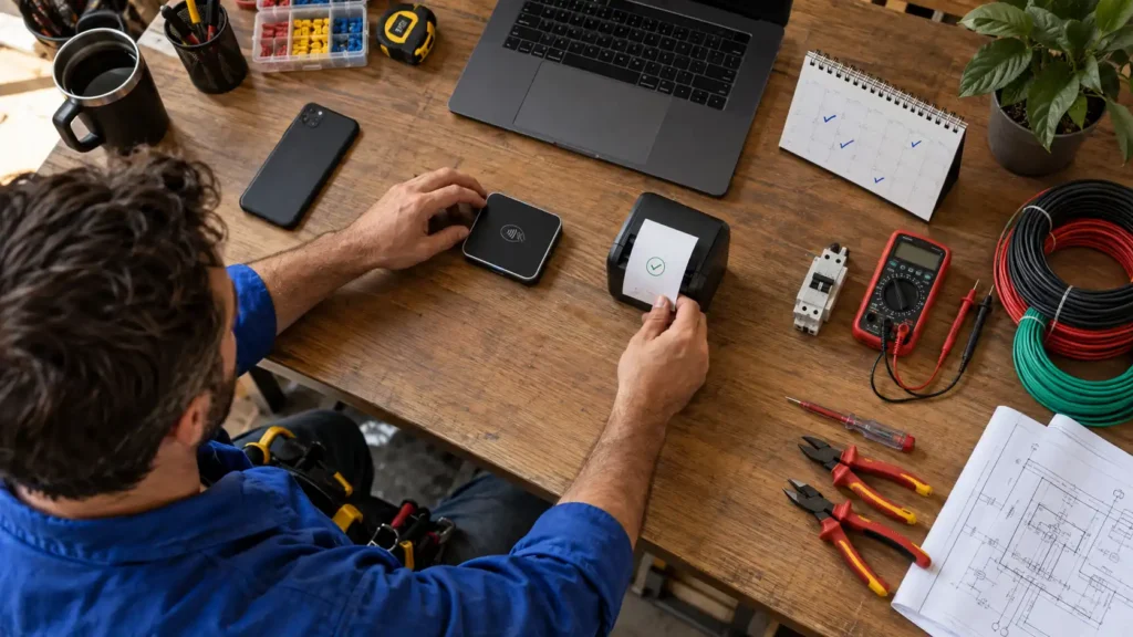 - Housecall Pro Technician at a wooden workbench using a wireless card reader while the laptop prints a receipt; tools and cables are nearby.