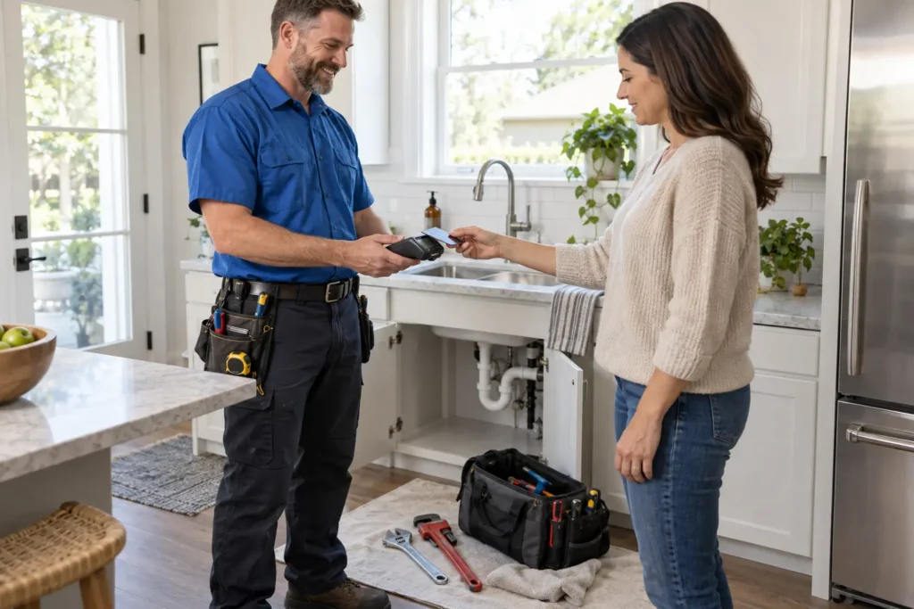 - Housecall Pro Contractor in a blue shirt hands a payment card to a smiling homeowner in a bright kitchen, with tools laid out on a mat nearby under the sink.