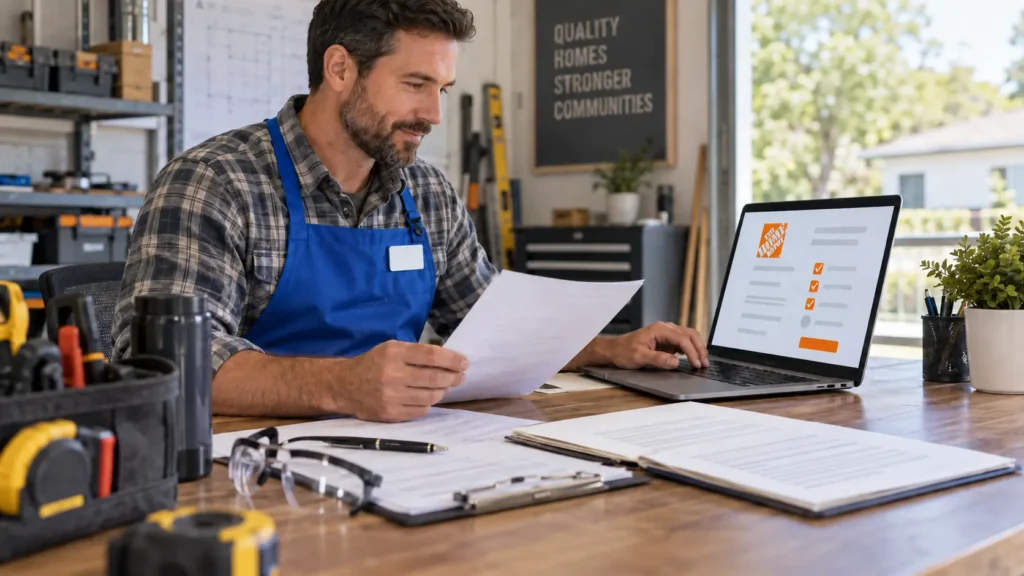 - Housecall Pro Man in a blue apron reviews documents at a wooden workbench, with a laptop displaying an orange checklist on screen.