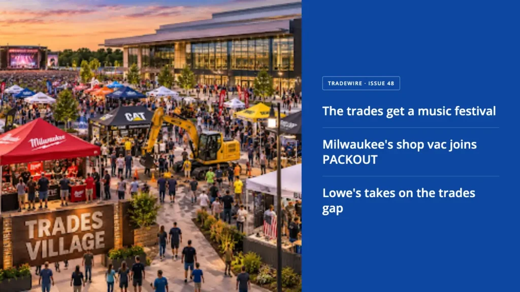 Crowd at a trades festival with tents, a yellow excavator, and a 'Trades Village' sign on the left; blue news panel on the right lists headlines.