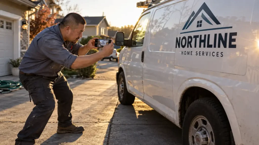 Maintenance worker crouches on a driveway, taking a photo of a white service van labeled'NORTHLINE HOME SERVICES' with a smartphone.
