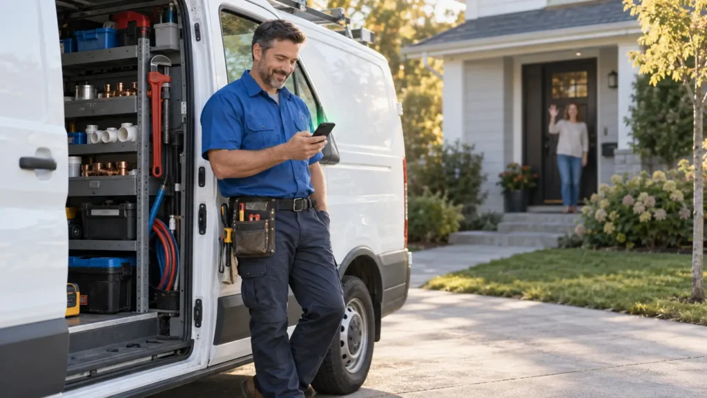 - Housecall Pro Technician in a blue uniform beside an open tool-filled service van, looking at his phone while a homeowner waves from the front door.