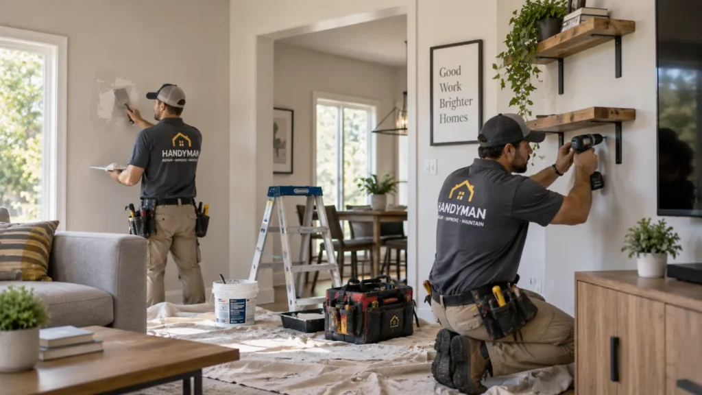- Housecall Pro Two workers in handyman uniforms install wall shelves in a living room, one drilling brackets while kneeling and the other patches the wall; tools, ladder, and paint bucket are nearby on a drop cloth.