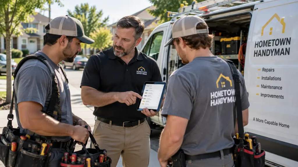 - Housecall Pro Three Handyman workers discuss a tablet plan beside a service van with tools at hand.