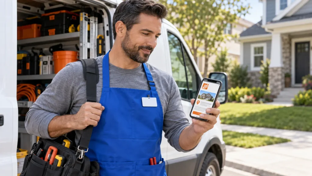 - Housecall Pro Contractor reviewing a Home Depot project lead on his phone.
