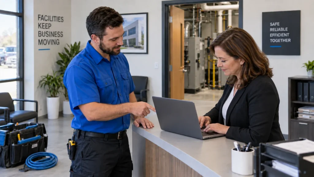 - Housecall Pro Commercial service contractor reviewing a digital invoice with a facilities manager.
