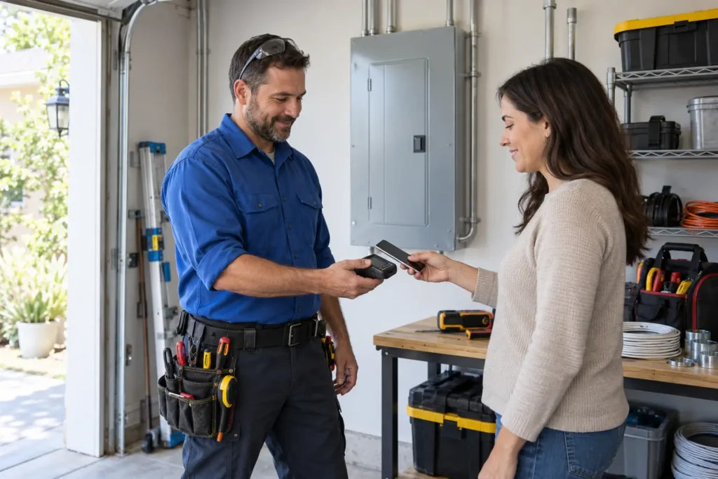 - Housecall Pro Repair technician in a blue shirt and tool belt processes a contactless payment from a customer in a home workshop.