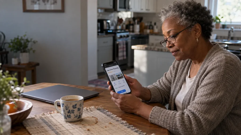 Older woman in a cardigan looks at her smartphone displaying a home services app on a kitchen table.