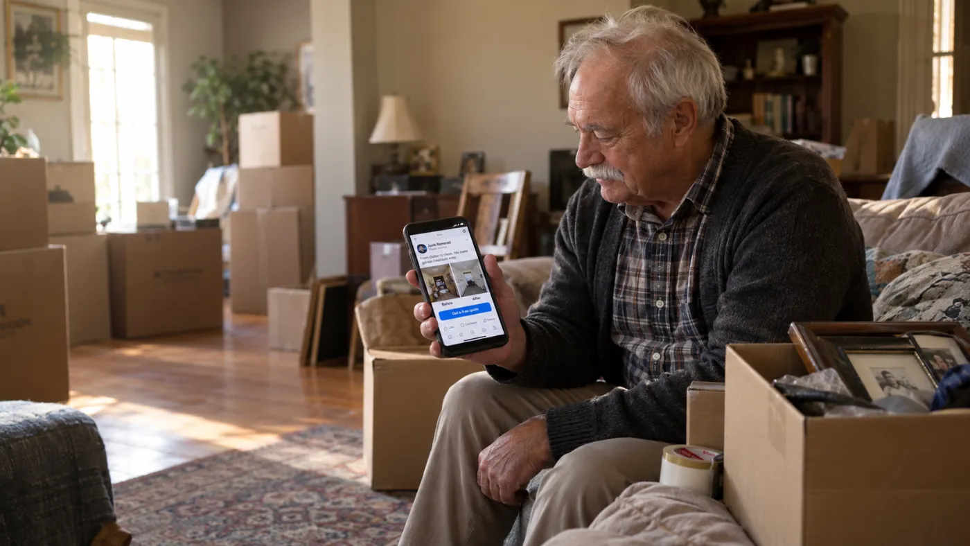 Elderly man sits on a sofa in a cluttered living room, looking at a smartphone with a moving app open.
