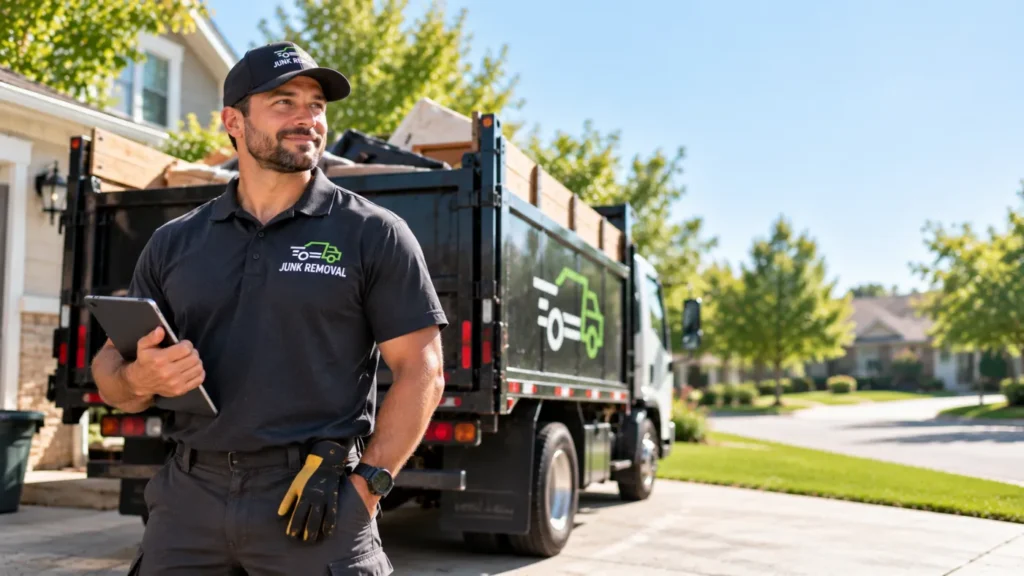 Junk removal worker in a dark uniform holding a tablet beside a loaded junk truck in a suburban driveway.