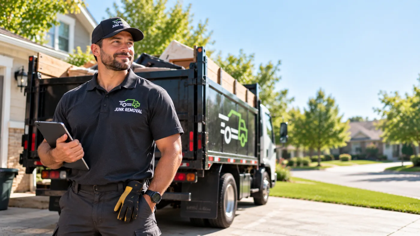 Junk removal worker in a dark uniform holding a tablet beside a loaded junk truck in a suburban driveway.