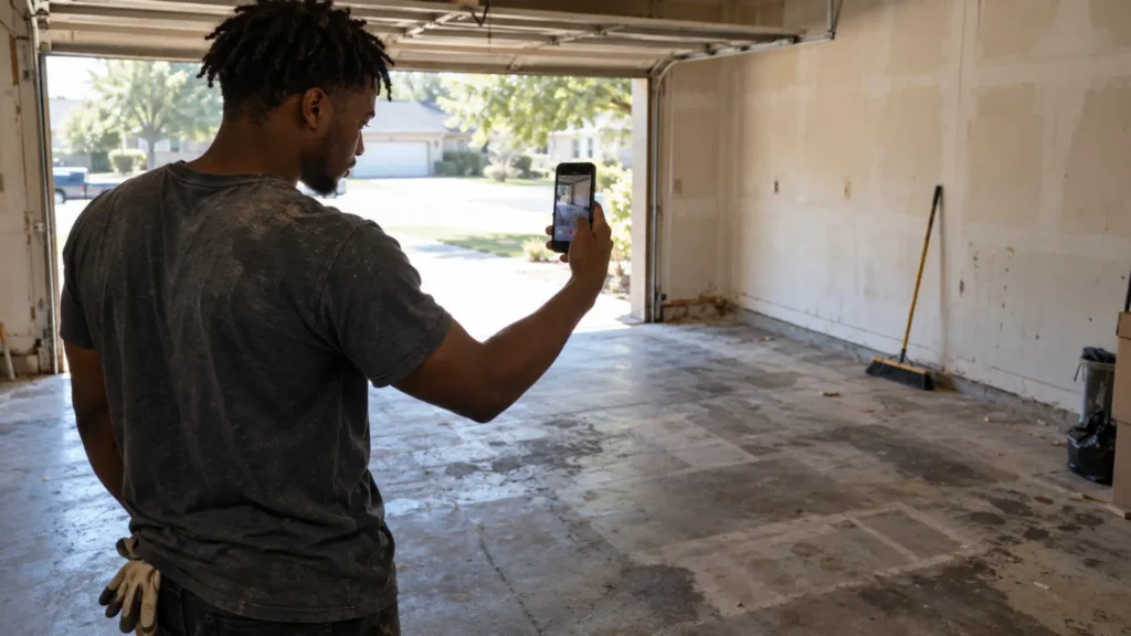 - Housecall Pro Man in a dusty t-shirt and work gloves stands in an empty garage, filming the space with a smartphone.