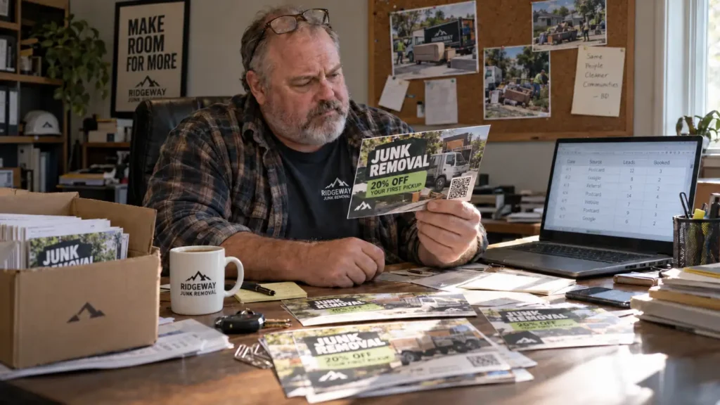 - Housecall Pro Man with glasses and beard reviews promotional flyers for a junk removal service at a cluttered desk labeled Ridgeway Junk Removal.