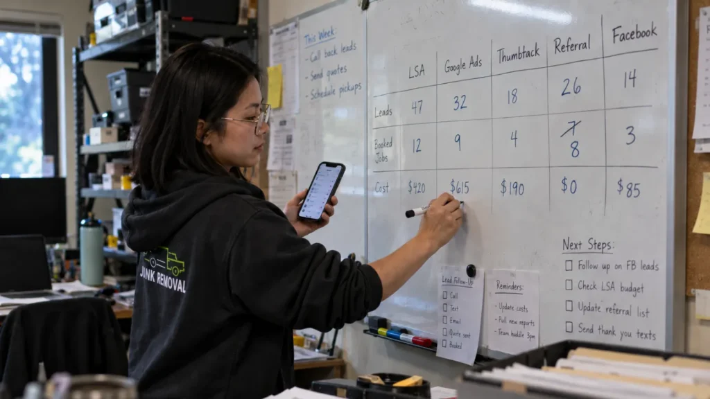 - Housecall Pro A female worker in a dark hoodie updates a whiteboard with a marker while holding a smartphone in a cluttered office/workshop.