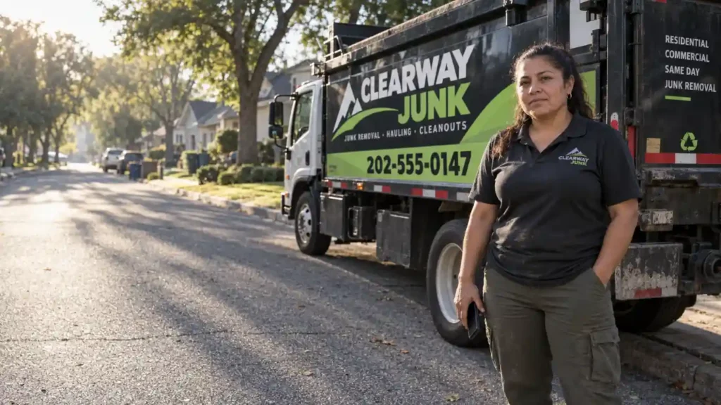 Female worker in a dark polo stands with hands in pockets beside a green Clearway Junk junk removal truck on a suburban street at dusk/dawn light.