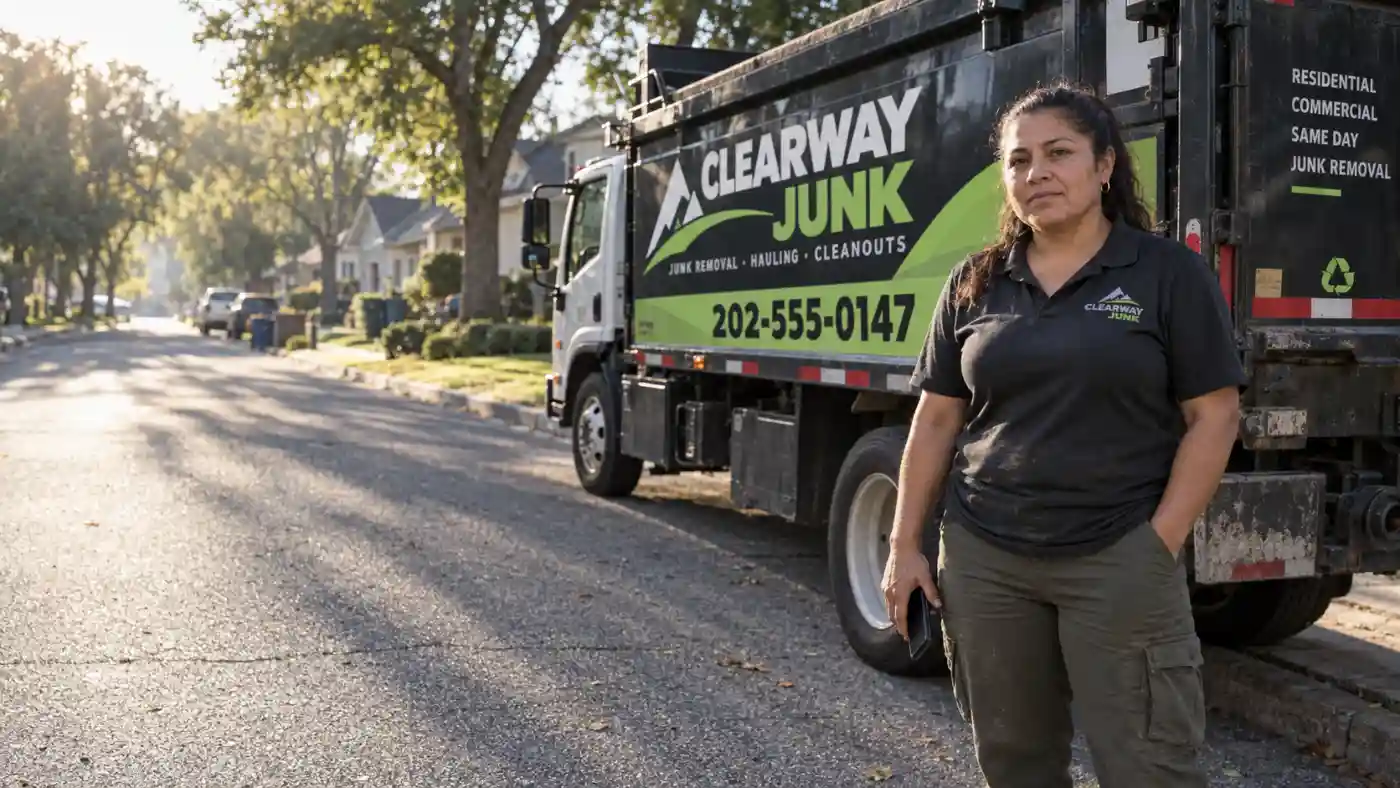 Female worker in a dark polo stands with hands in pockets beside a green Clearway Junk junk removal truck on a suburban street at dusk/dawn light.
