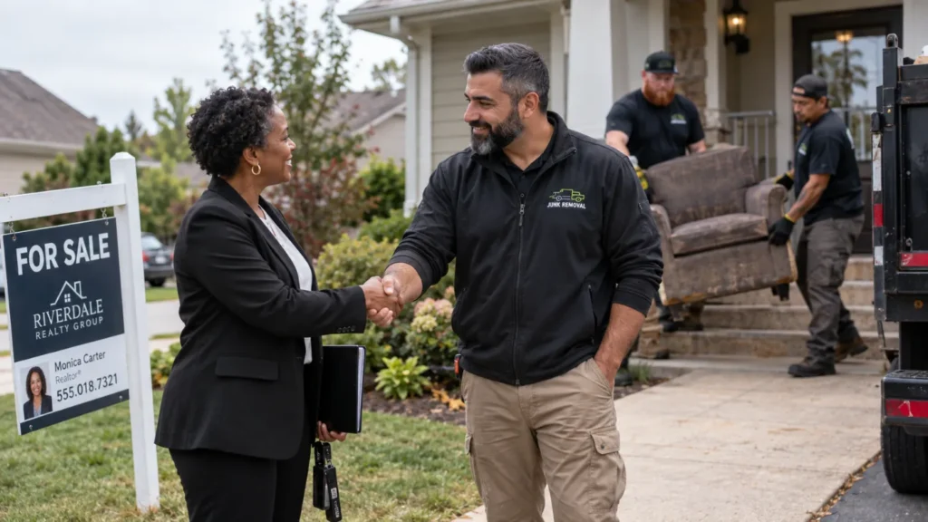 - Housecall Pro Real estate agent shakes hands with a client in front of a house as movers carry a couch to a truck; 'FOR SALE' sign and Realty Group logo visible in the yard.