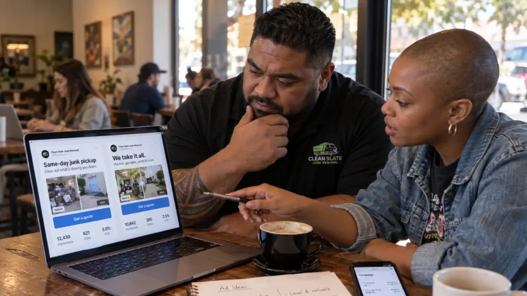 - Housecall Pro Two people at a café table look at a laptop showing junk-removal ads: 'Same-day junk pickup' and 'We take it all,' with a coffee cup and notebook nearby.