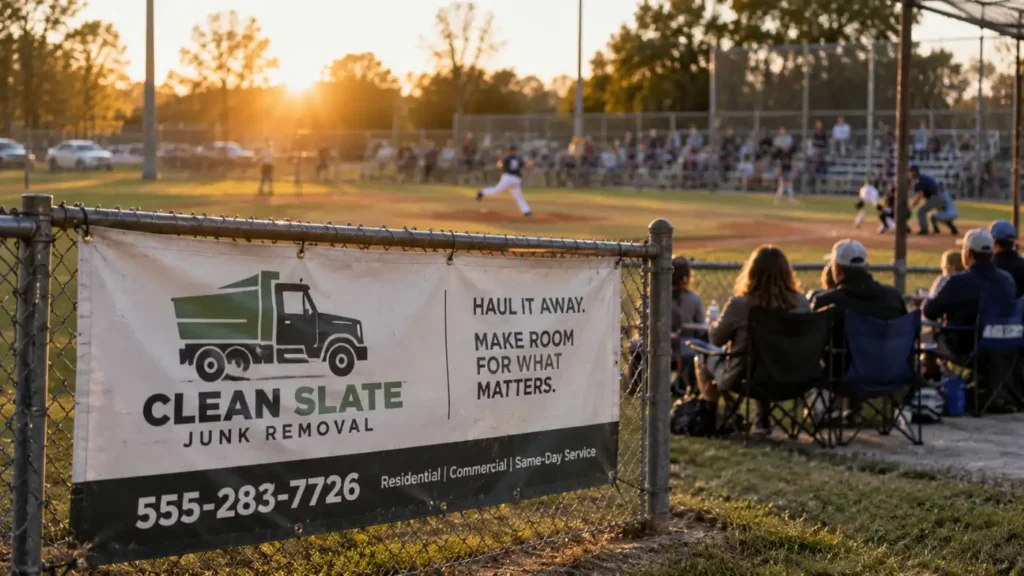 - Housecall Pro Banner for Clean Slate Junk Removal on a chain-link fence at a sunset baseball game; spectators watch from the stands.