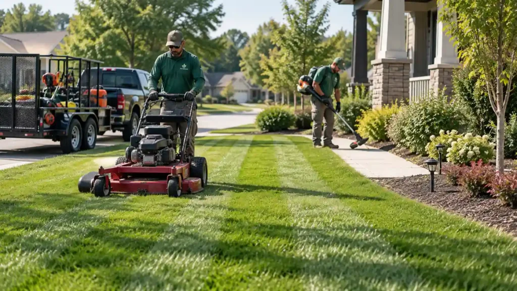Two landscaping workers in green shirts mow a front lawn; one on a riding mower, another uses a weed trimmer along the sidewalk, with a equipment trailer in the background.