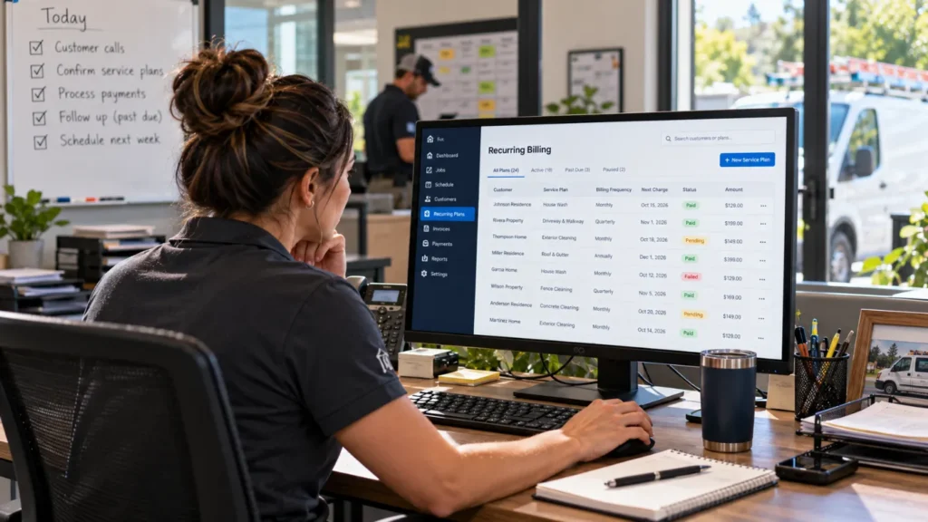 - Housecall Pro Person seated at a desk, using a computer that shows a 'Recurring Billing' dashboard; whiteboard with tasks in the background.