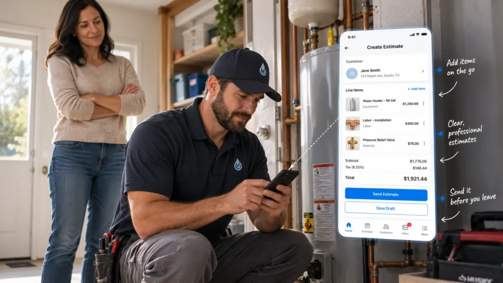 - Housecall Pro HVAC technician in a navy polo and cap reviews a digital estimate on his phone while a woman watches from the background in a utility room.
