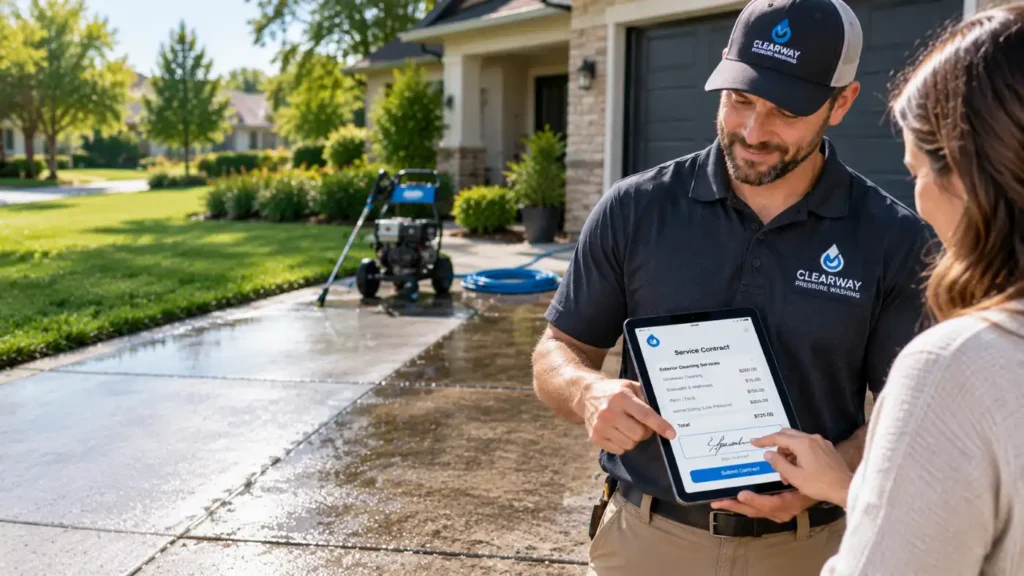 Professional pressure washing technician shows service contract on a tablet to a customer in a driveway.