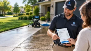 Professional pressure washing technician shows service contract on a tablet to a customer in a driveway.