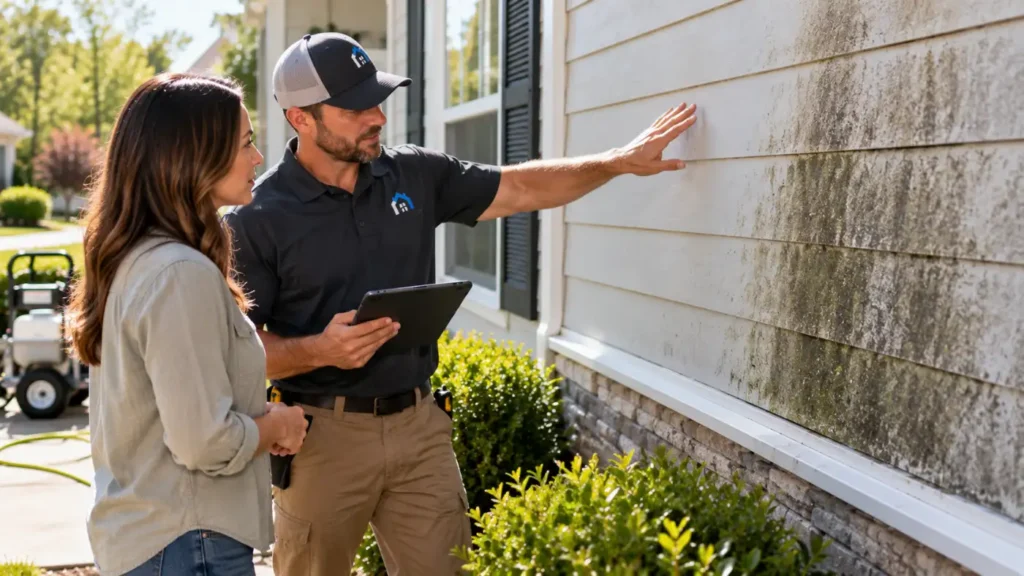 - Housecall Pro A maintenance worker points to mold on exterior siding while a homeowner listens and holds a tablet.