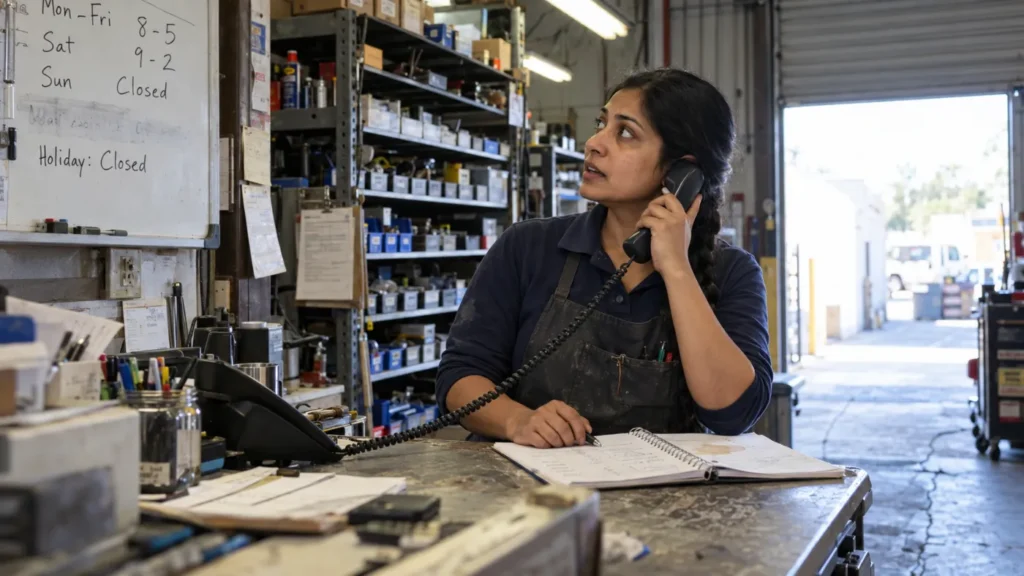 Woman in a workshop answers a corded phone while sitting at a cluttered desk with notebooks and tools nearby.