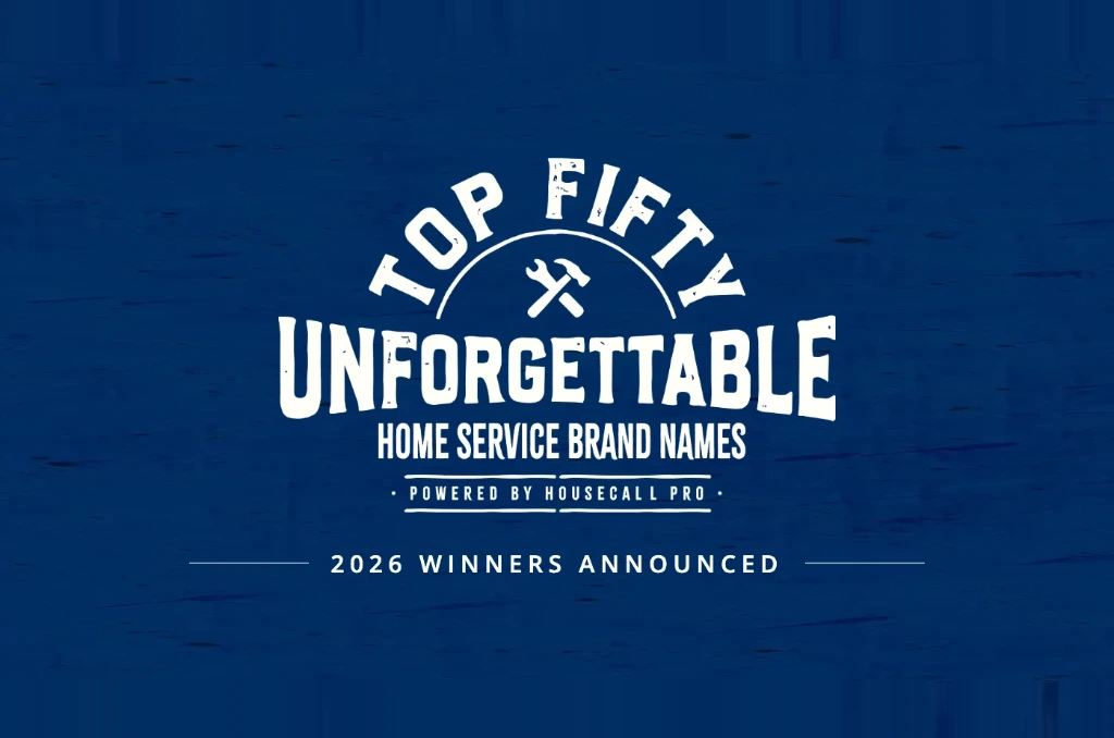 Logo for 'Top 50 Unforgettable Home Service Brand Names' with 'Powered by HouseCall Pro' and '2026 Winners Announced' on a blue wood-textured background.